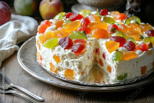 Creamy Cake Topped with Colorful Candied Fruit photo