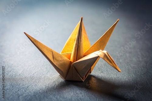 Folded and unfolded origami paper crane on surface photo