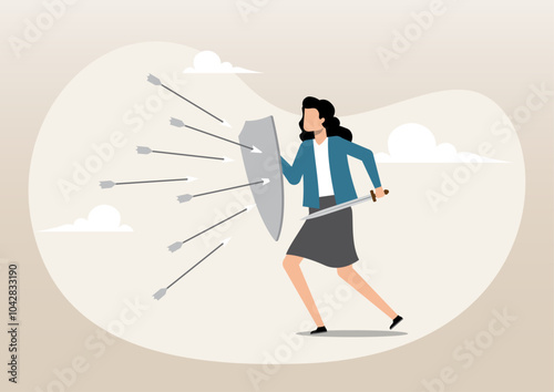 Businesswoman holding a sword and shield