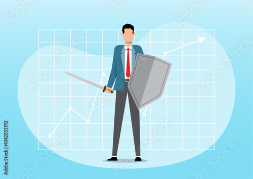 Businessman holding a sword and shield
