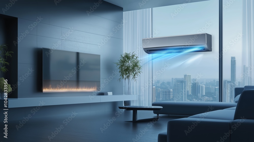 Modern living room with city view features a sleek air conditioner, providing comfort and style in a contemporary home environment. Modern living room with city view features a sleek air conditioner, providing comfort and style in a contemporary home environment.
