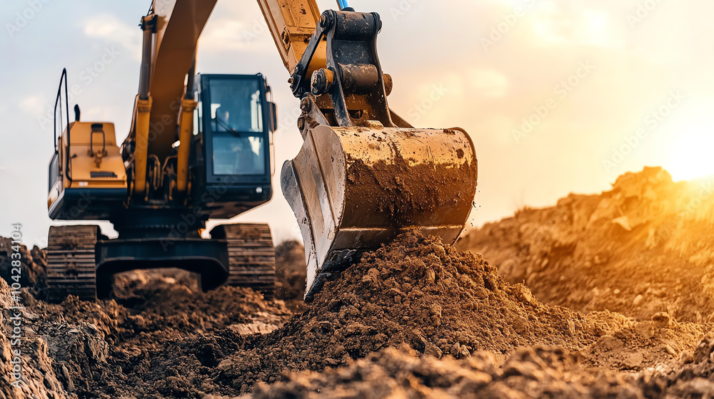 Fototapeta premium Close-up of an excavator breaking ground at a construction site, with dirt cascading from the bucket