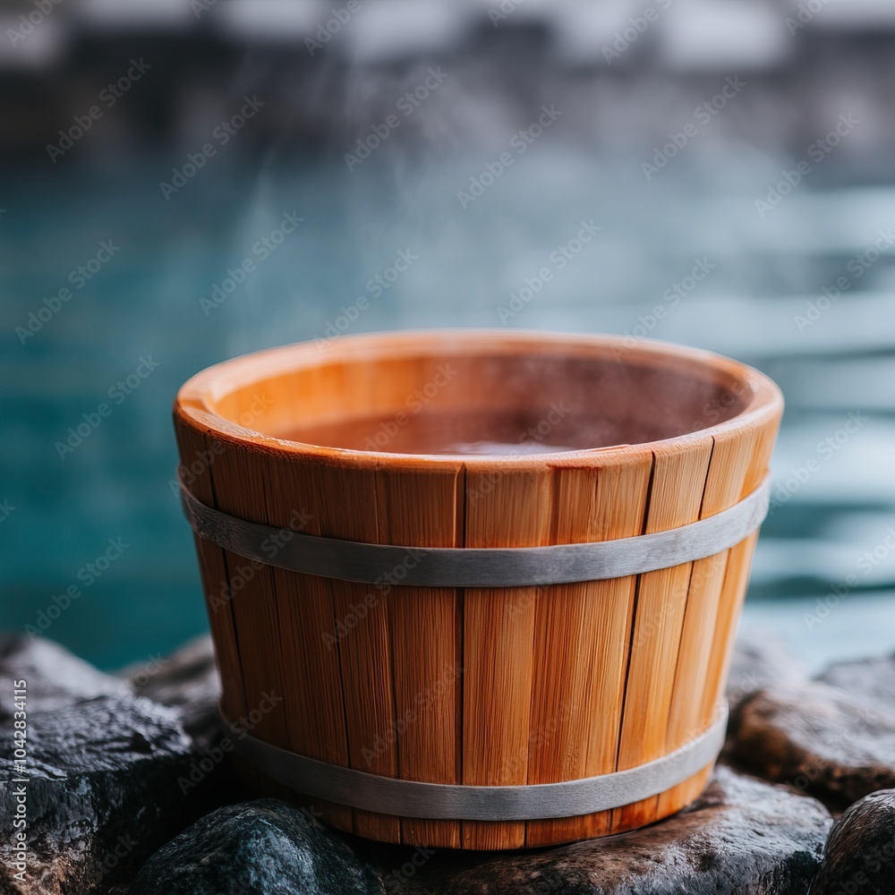 Wooden hot tub beside water, steam rising, rustic, tranquil, ideal for relaxation. Wooden hot tub beside water, steam rising, rustic, tranquil, ideal for relaxation.