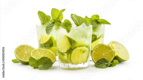 Refreshing mojito cocktails with mint and lime, garnished with fresh mint leaves