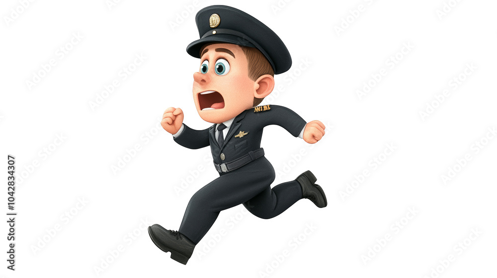 A cartoonish boy in a police uniform is running while appearing startled or scared. A cartoonish boy in a police uniform is running while appearing startled or scared.