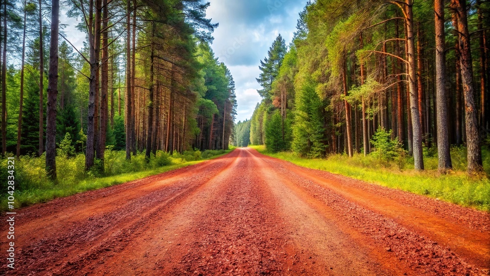 Empty red gravel road through forest landscape Empty red gravel road through forest landscape