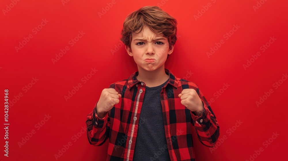 Angry Boy with Clenched Fists Against Red Background Angry Boy with Clenched Fists Against Red Background