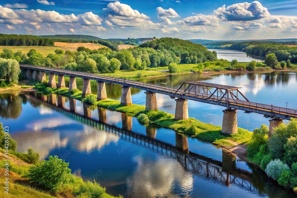 Fototapeta premium landscape photography of the Volkhov River with railway bridge