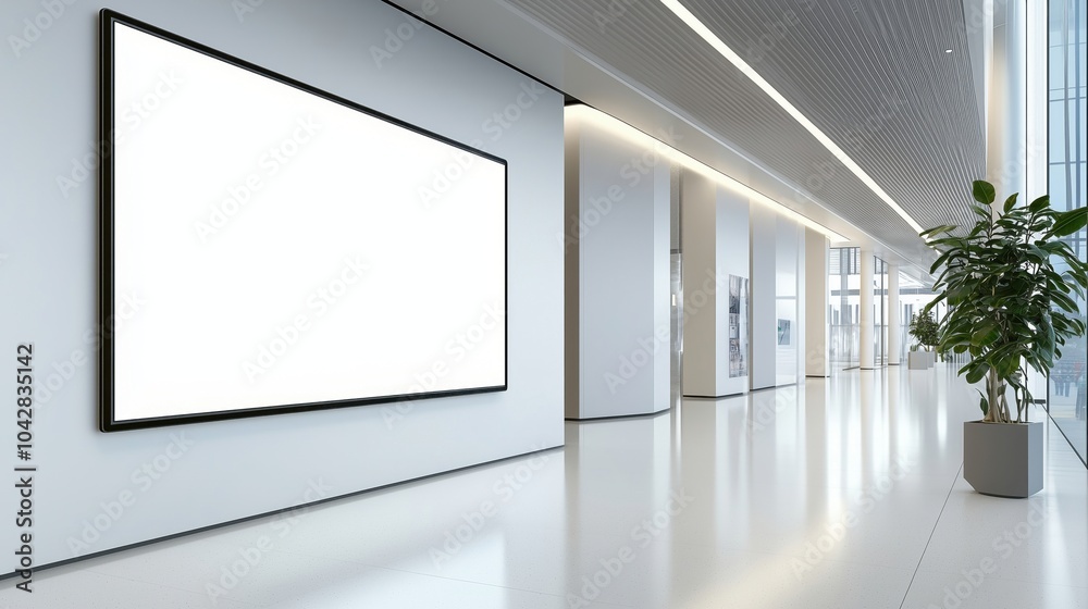 Empty gallery space with large blank frame, modern architecture, bright lighting Empty gallery space with large blank frame, modern architecture, bright lighting