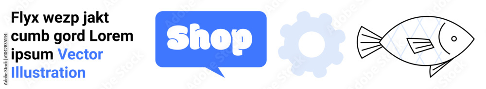 Text placeholder on left, chat bubble with Shop text in the center, gear icon, and a fish. Ideal for online shopping, customer service, e-commerce, technology, and marketing concepts. Banner Text placeholder on left, chat bubble with Shop text in the center, gear icon, and a fish. Ideal for online shopping, customer service, e-commerce, technology, and marketing concepts. Banner