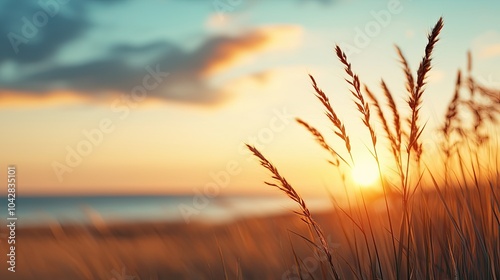 A serene sunset over a beach with tall grass, casting warm hues across the sky and reflecting on the tranquil water.