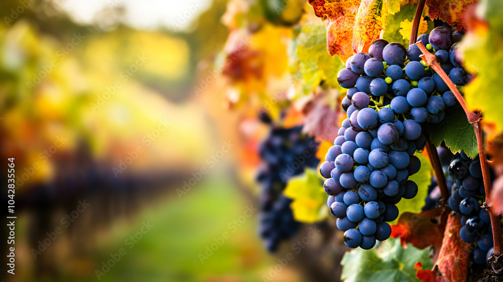 Obraz premium A captivating image of a vineyard in autumn, with grapes ready for harvest and leaves changing colors.