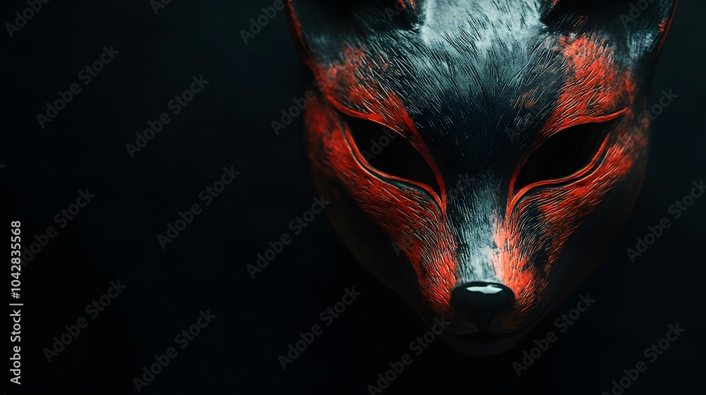Naklejka premium The fox mask's shadow stretches across a black surface with exaggerated details emphasizing its distinct shape