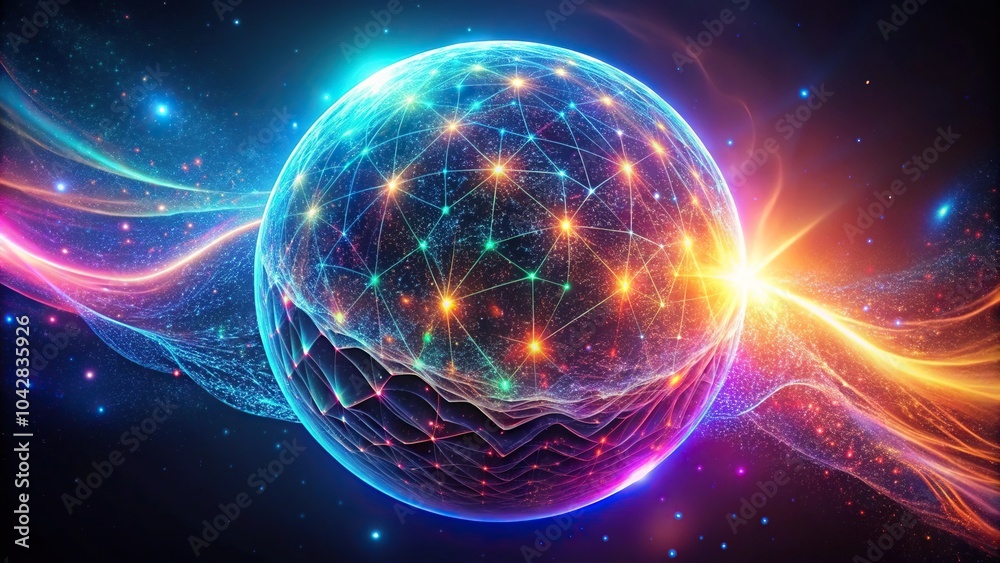 Fototapeta premium Dynamic neon energy sphere with radiating particles and intricate wave patterns in a cosmic void Tilted Angle