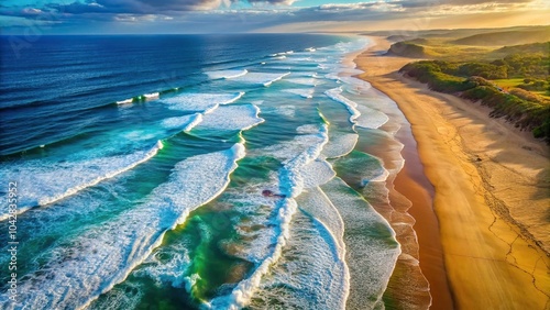 Dynamic ocean waves and sandy coastline from above