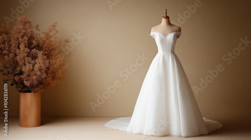 Elegant white wedding dress displayed on mannequin against minimalist beige background, accompanied by a vase of dried flowers.