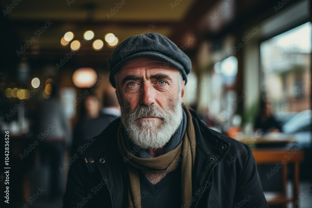 Portrait of senior man with gray beard and hat in cafe. Portrait of senior man with gray beard and hat in cafe.