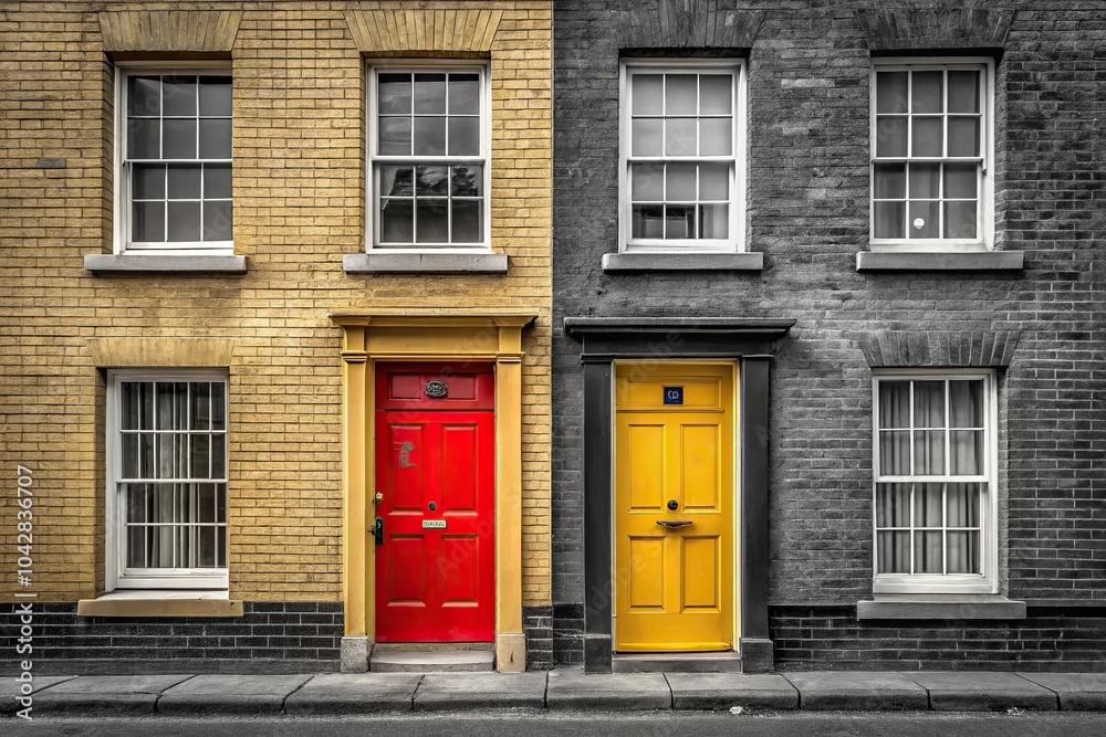 Forced perspective image of English house with yellow and red doors against black and white backdrop Forced perspective image of English house with yellow and red doors against black and white backdrop