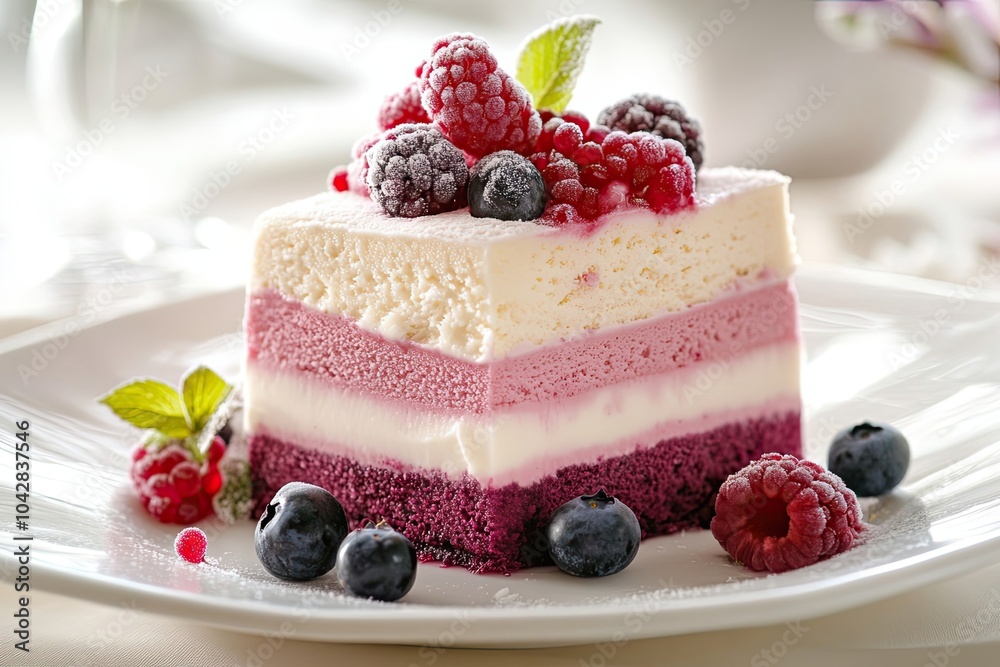 Layered Raspberry and Blueberry Dessert with Powdered Sugar Layered Raspberry and Blueberry Dessert with Powdered Sugar