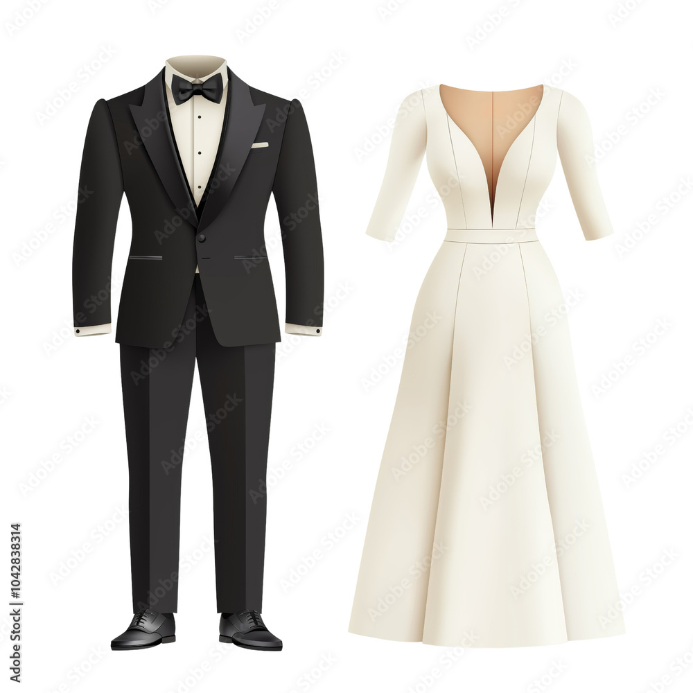 Obraz premium Elegant illustration of a classic black tuxedo and a white wedding gown showcasing timeless wedding attire for a special occasion. Isolated PNG transparent background.