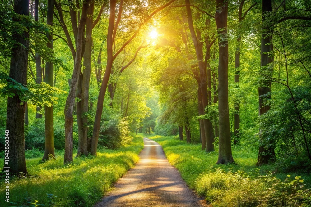 Fototapeta premium Elegant summer path through a lush green forest with dappled sunlight filtering through the leaves Low Angle