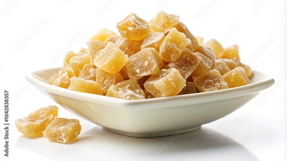 Forced perspective of candied ginger diced in a white dish on a white background Forced perspective of candied ginger diced in a white dish on a white background