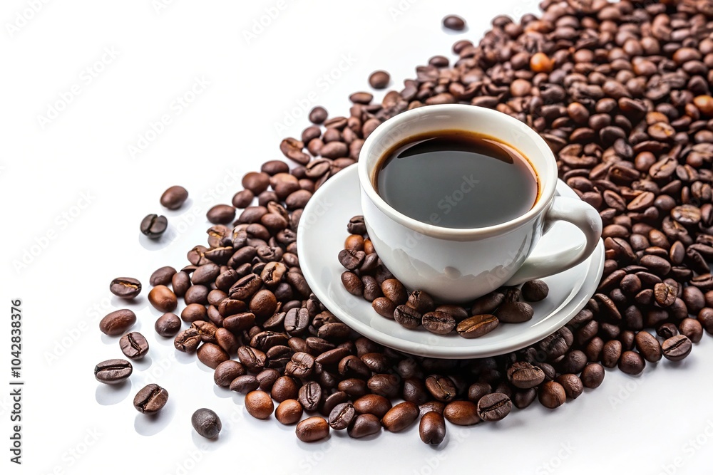 forced perspective of cup of coffee with scattered beans on white background forced perspective of cup of coffee with scattered beans on white background