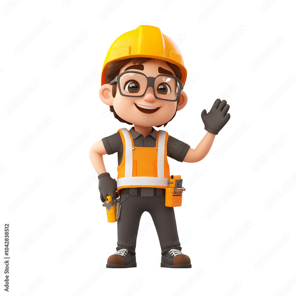 3D illustration of a cheerful construction worker in safety gear waving, symbolizing teamwork and industry. Ideal for business and labor themes. Isolated PNG transparent background. 3D illustration of a cheerful construction worker in safety gear waving, symbolizing teamwork and industry. Ideal for business and labor themes. Isolated PNG transparent background.