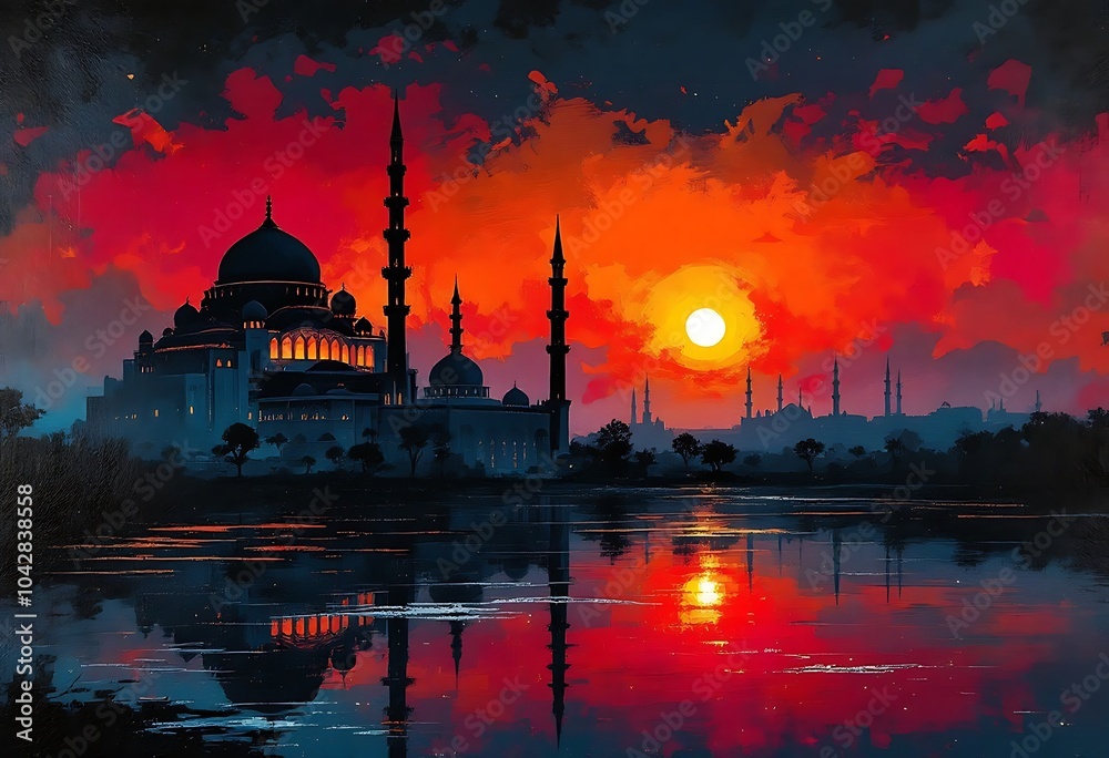 Fototapeta premium Beautiful large Islamic mosque at the sunset sky background 