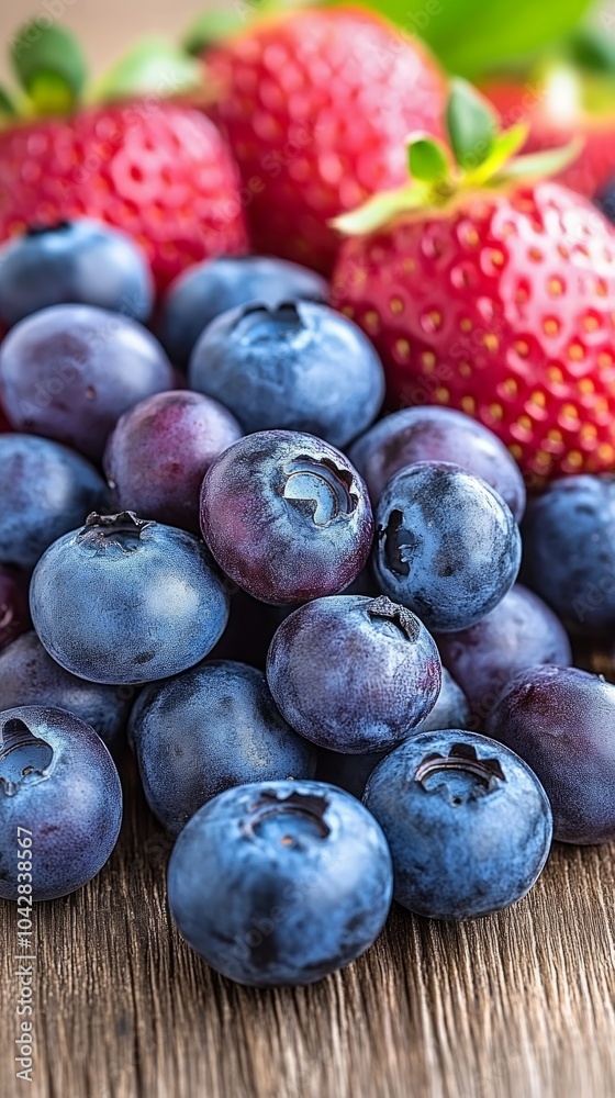 Obraz premium A mix of ripe blueberries and strawberries lies on a wooden surface, highlighting their rich colors and natural freshness in bright daylight