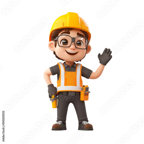 3D illustration of a cheerful construction worker in safety gear waving, symbolizing teamwork and industry. Ideal for business and labor themes. Isolated PNG transparent background.