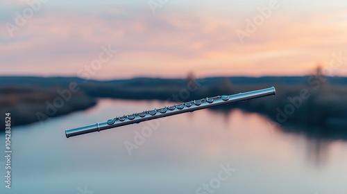 A serene landscape featuring a slender object above a tranquil river with a soft sunset backdrop.