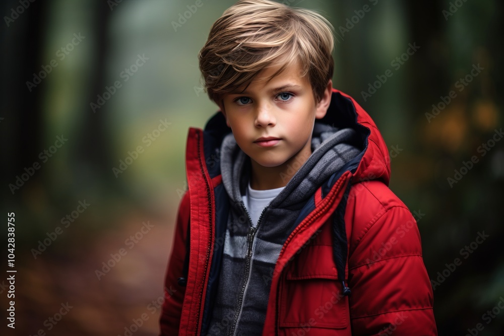 Portrait of a cute little boy in a red jacket in the forest. Portrait of a cute little boy in a red jacket in the forest.