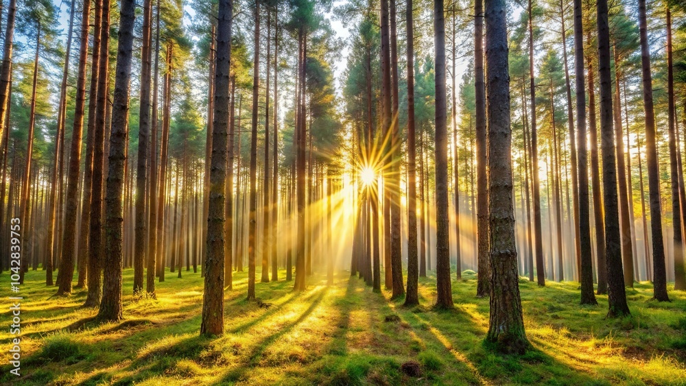 Fototapeta premium Large European pine forest silhouette with sunlight beams shining through