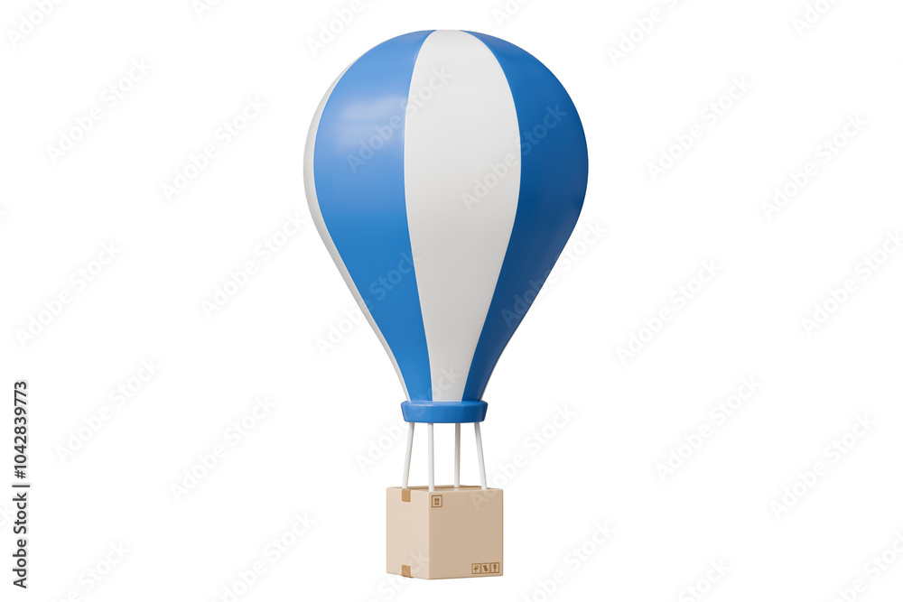 3d Cardboard box with hot air balloon icon. Minimal Parcel box or delivery box with flying parachute. Cargo delivery service, Online Shopping concept on isolated blue purple background. 3d render. 3d Cardboard box with hot air balloon icon. Minimal Parcel box or delivery box with flying parachute. Cargo delivery service, Online Shopping concept on isolated blue purple background. 3d render.