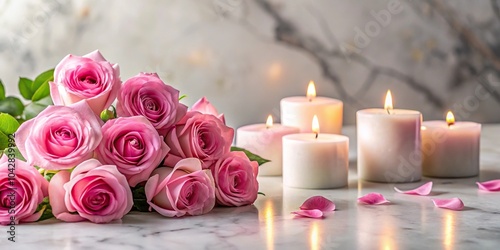 Forced Perspective pink roses and candles on a marble table