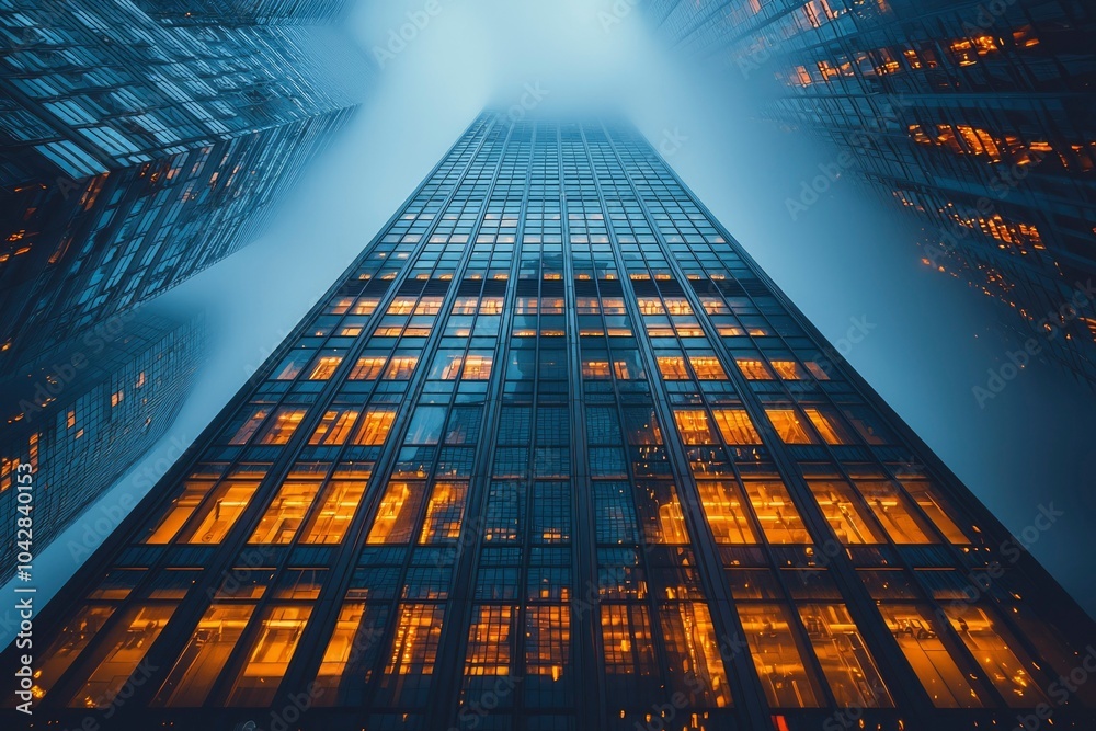 custom made wallpaper toronto digitalA Low-Angle View of Illuminated Glass Skyscrapers in Fog