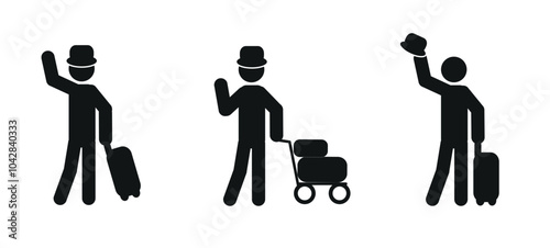 pictogram of a human figure, stick man with a suitcase, with luggage, in a hat, flat vector illustration highlighted on a white background