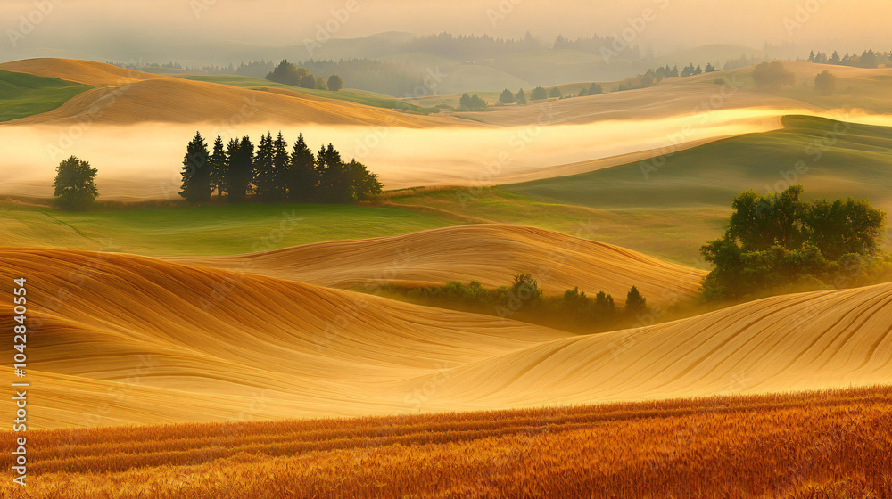 Naklejka premium A breathtaking view of golden fields under a blanket of mist in the early morning, creating a serene atmosphere.