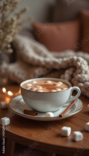 Cozy cup of hot chocolate with marshmallows on a saucer surrounded by warm knitted blanket