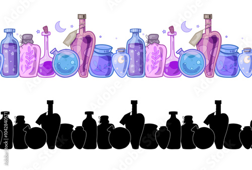 Set of seamless borders with colorful and black silhouette magic potions isolated from background. Collection of horizontal frames with poisons, elixir and liquids in glass bottles with star and moon