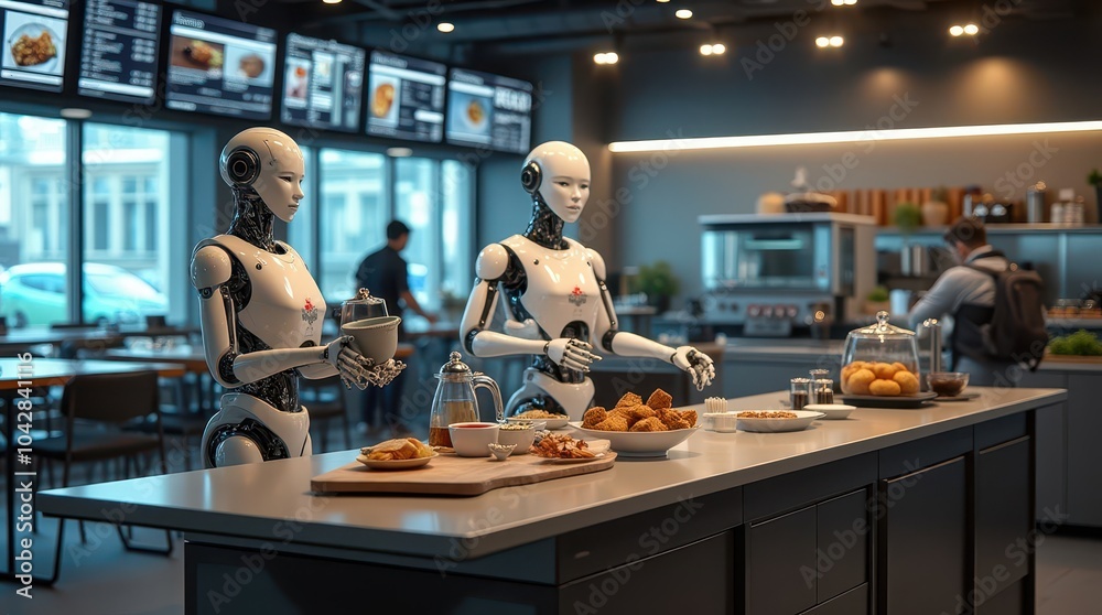 Futuristic office, automated café, robotic service, AI-powered café, digital menu, real-time menu, metallic surfaces, break area, office technology, automated dispensers, sleek design, robots preparin Futuristic office, automated café, robotic service, AI-powered café, digital menu, real-time menu, metallic surfaces, break area, office technology, automated dispensers, sleek design, robots preparin