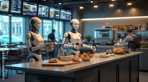 Futuristic office, automated café, robotic service, AI-powered café, digital menu, real-time menu, metallic surfaces, break area, office technology, automated dispensers, sleek design, robots preparin photo