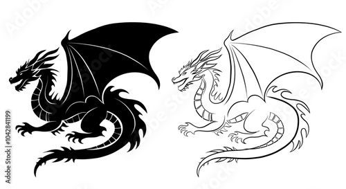 Vector set of dragon silhouette clip art. Collection of black silhouette and outline dragon with wings isolated from background. Mythological fairytale monster for tattoo. Chinese zodiac.
