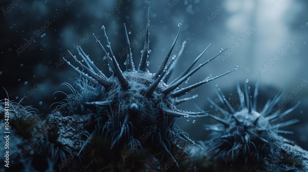 Obraz premium Echinus lies quietly in a misty forest, dew kissed as sunlight filters through trees