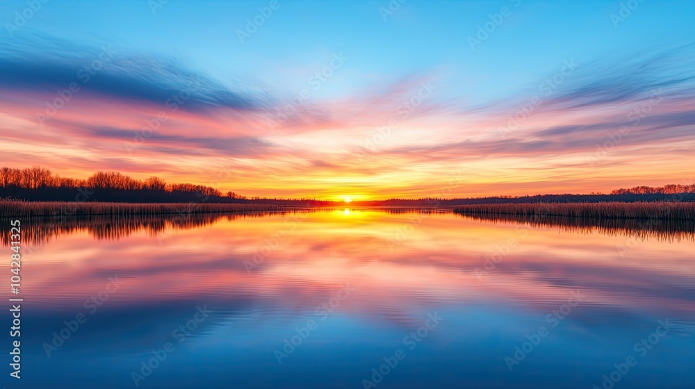 Fototapeta premium A stunning sunset reflects beautifully on a tranquil lake, showcasing vibrant hues of orange, pink, and blue in a serene, natural landscape.