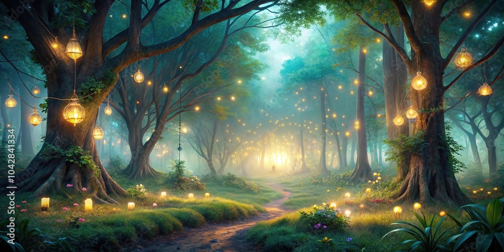 Obraz premium Enchanted forest at night with asymmetrical magical glow