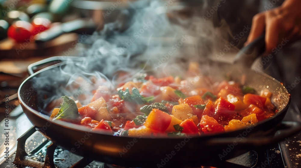 Cooking fresh vegetables on a stovetop while steam rises from the skillet