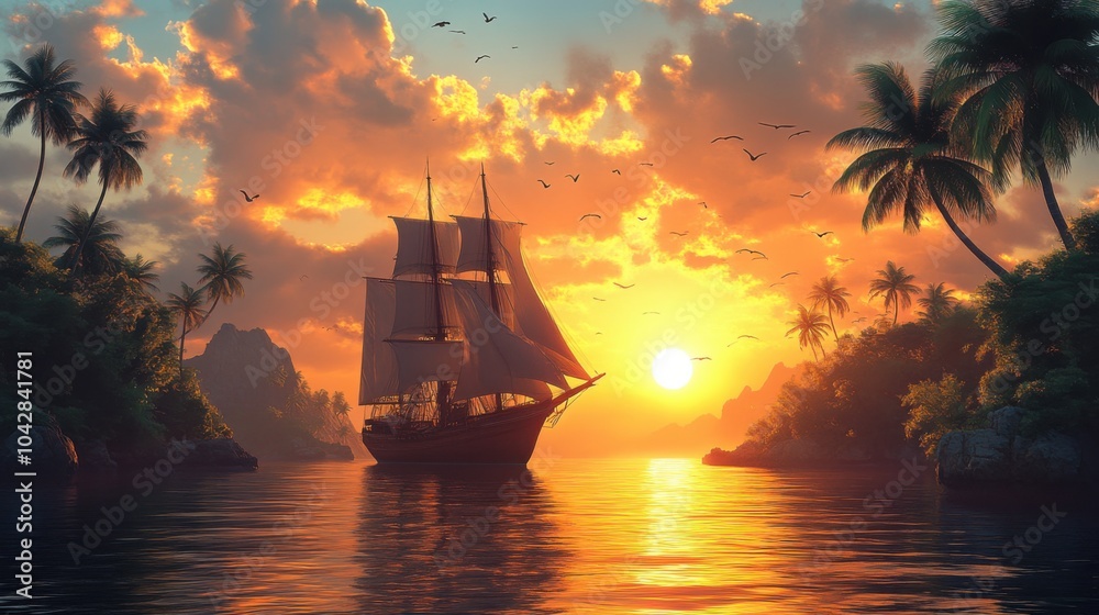 Fototapeta premium A serene sunset with a sailing ship near tropical islands.