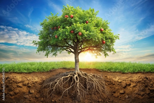 Naklejka Forced perspective tree with underground roots growing apple trees